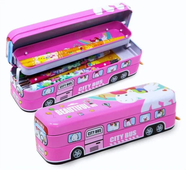 Pencil Box for Kids Metal Pencil Box with Moving Tyres, Bus Geometry Box